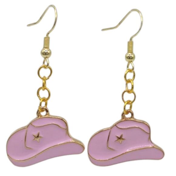 Pink Cowboy Hat Dangle Earrings – Western Cowgirl Jewelry - Picture 1 of 3